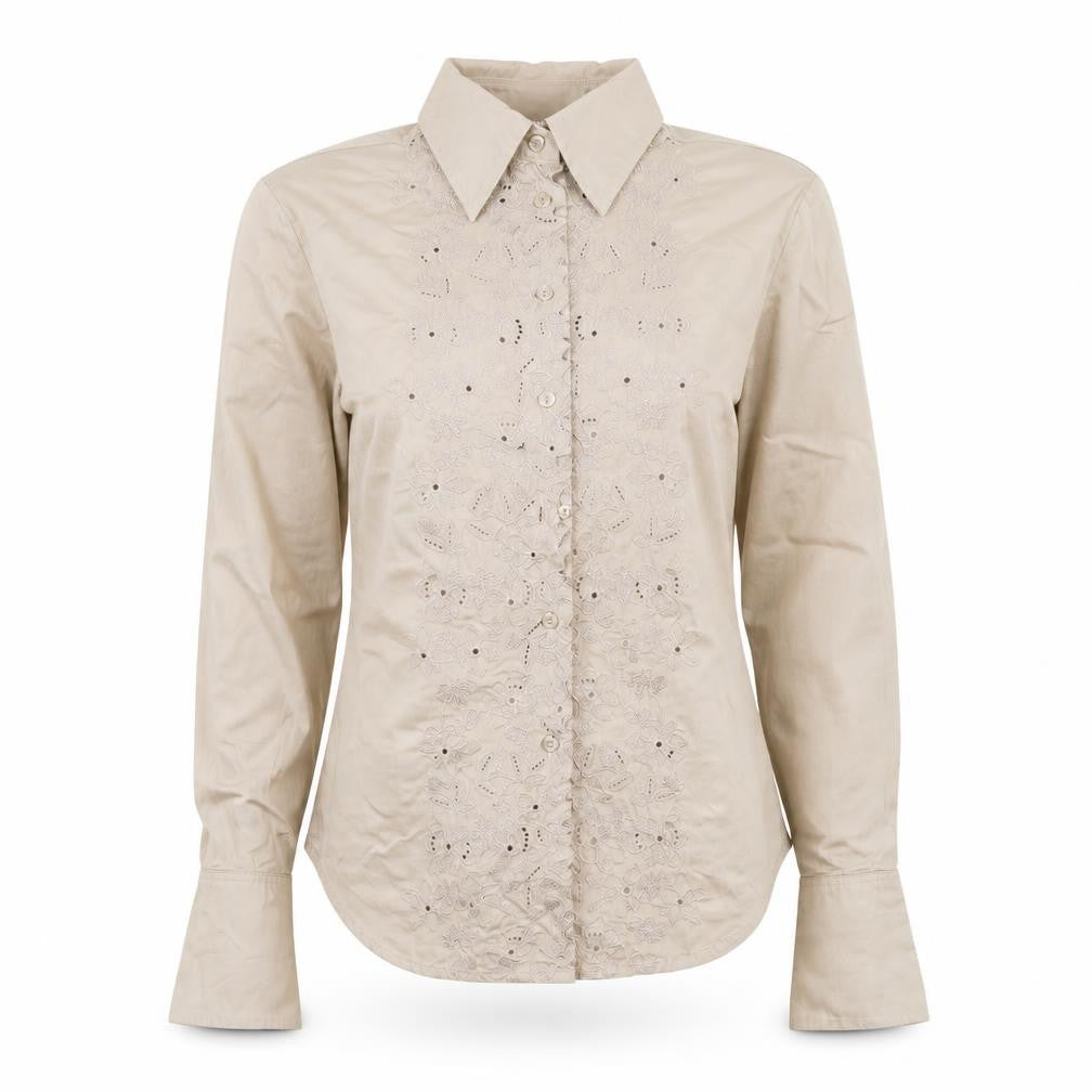 MNG Women's Beige Embroidered Button-Up Long Sleeve Shirt XS
