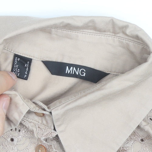 MNG Women's Beige Embroidered Button-Up Long Sleeve Shirt XS
