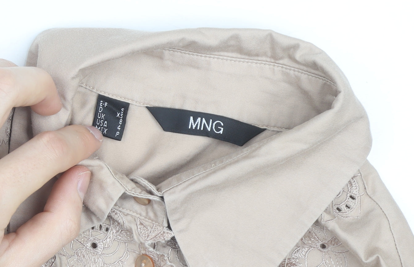 MNG Women's Beige Embroidered Button-Up Long Sleeve Shirt XS