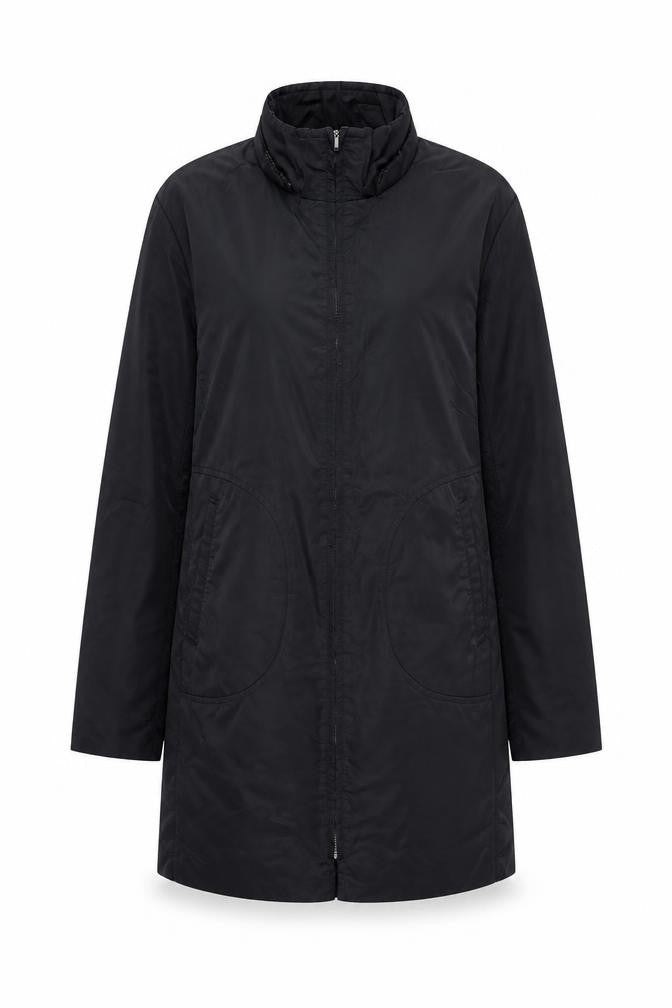 Front view of MOTTO women’s black long rain coat, size UK 14, water resistant zip jacket