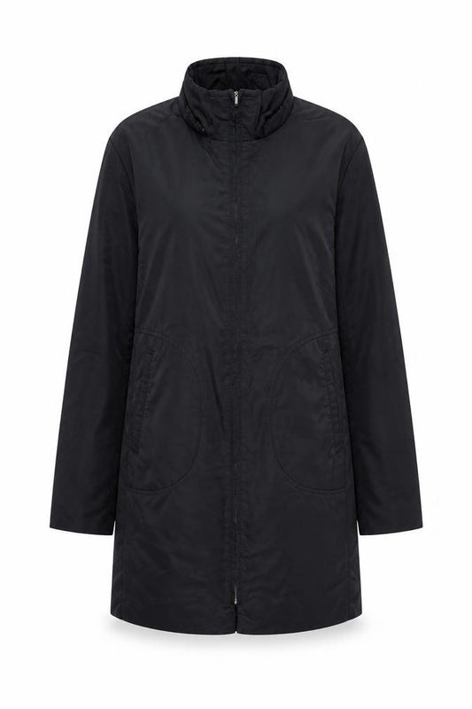 Front view of MOTTO women’s black long rain coat, size UK 14, water resistant zip jacket