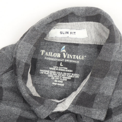 Tailor Vintage Men's Grey Checked Flannel Slim Fit Shirt L