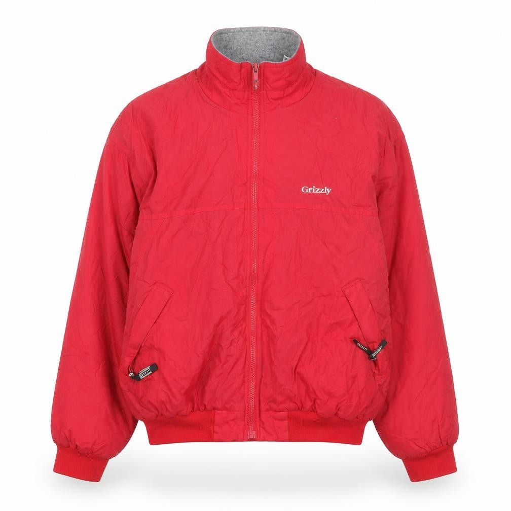 Front view of Grizzly Men's Red L Bomber Jacket Nylon Lined Full Zip Vintage