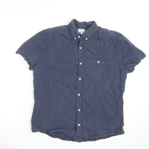 Next Women Blue Linen Cotton Short Sleeve Button-Up Shirt M
