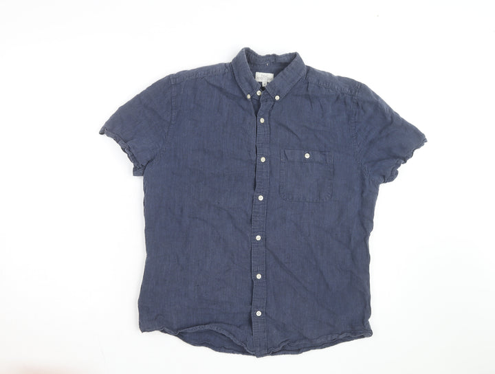 Next Women Blue Linen Cotton Short Sleeve Button-Up Shirt M