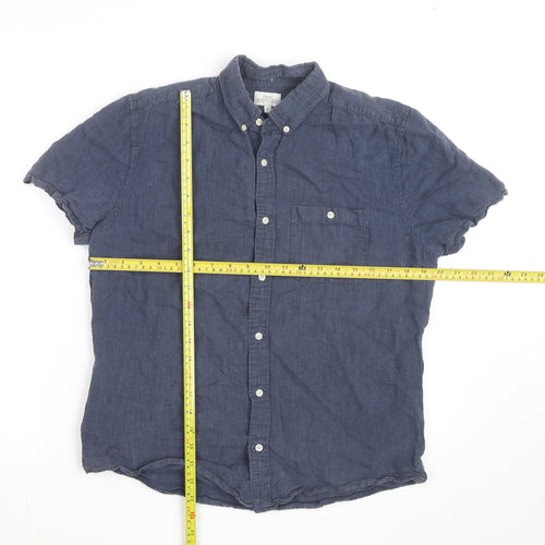 Next Women Blue Linen Cotton Short Sleeve Button-Up Shirt M