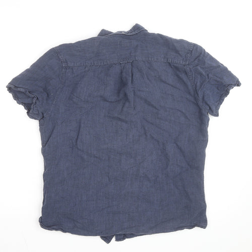 Next Women Blue Linen Cotton Short Sleeve Button-Up Shirt M