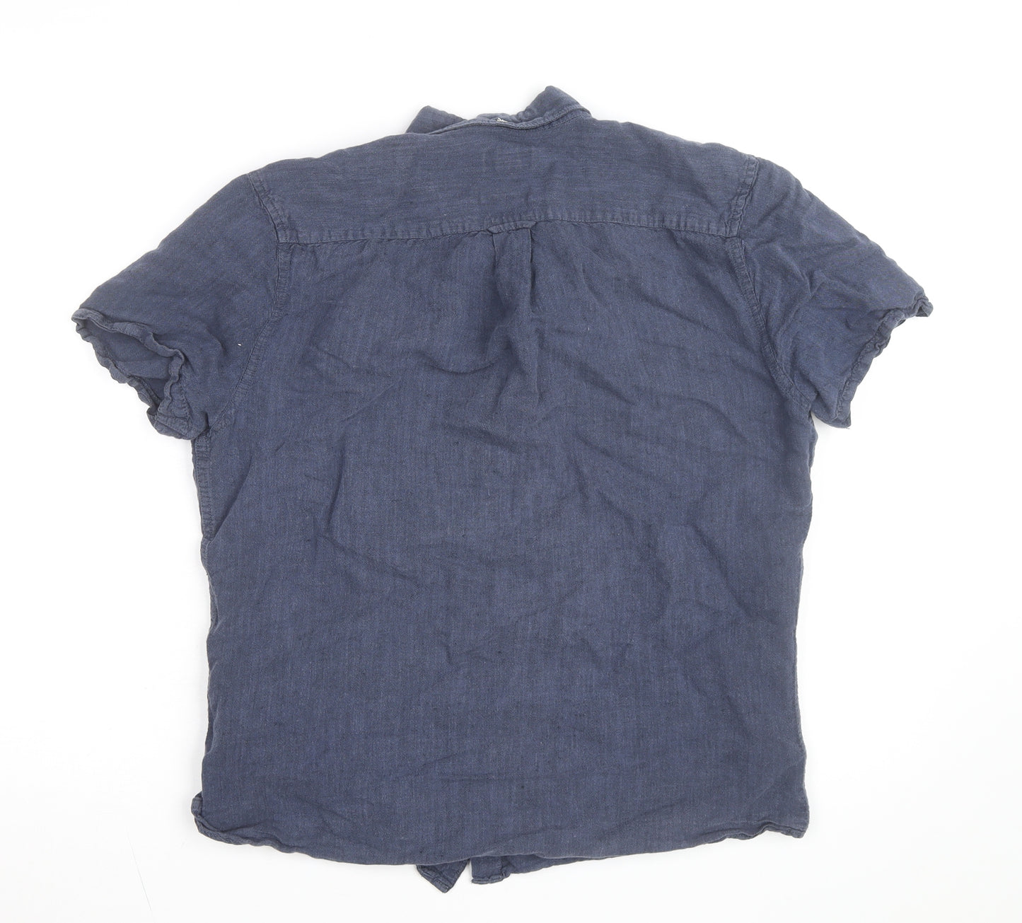Next Women Blue Linen Cotton Short Sleeve Button-Up Shirt M