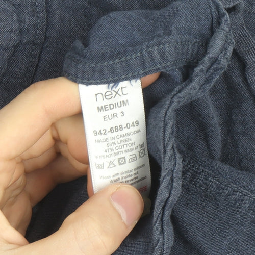 Next Women Blue Linen Cotton Short Sleeve Button-Up Shirt M