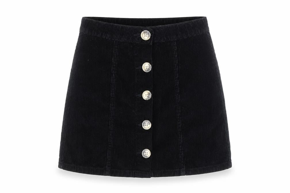 Front view of Denim Co. women’s black corduroy a-line button mini skirt, size UK 4