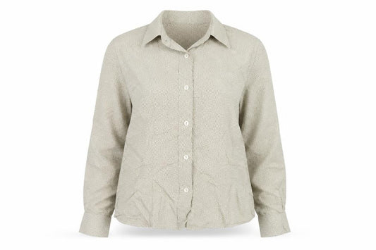 Front view of Sisley Women’s Beige Geometric Long Sleeve Button-Up Shirt, size UK 16