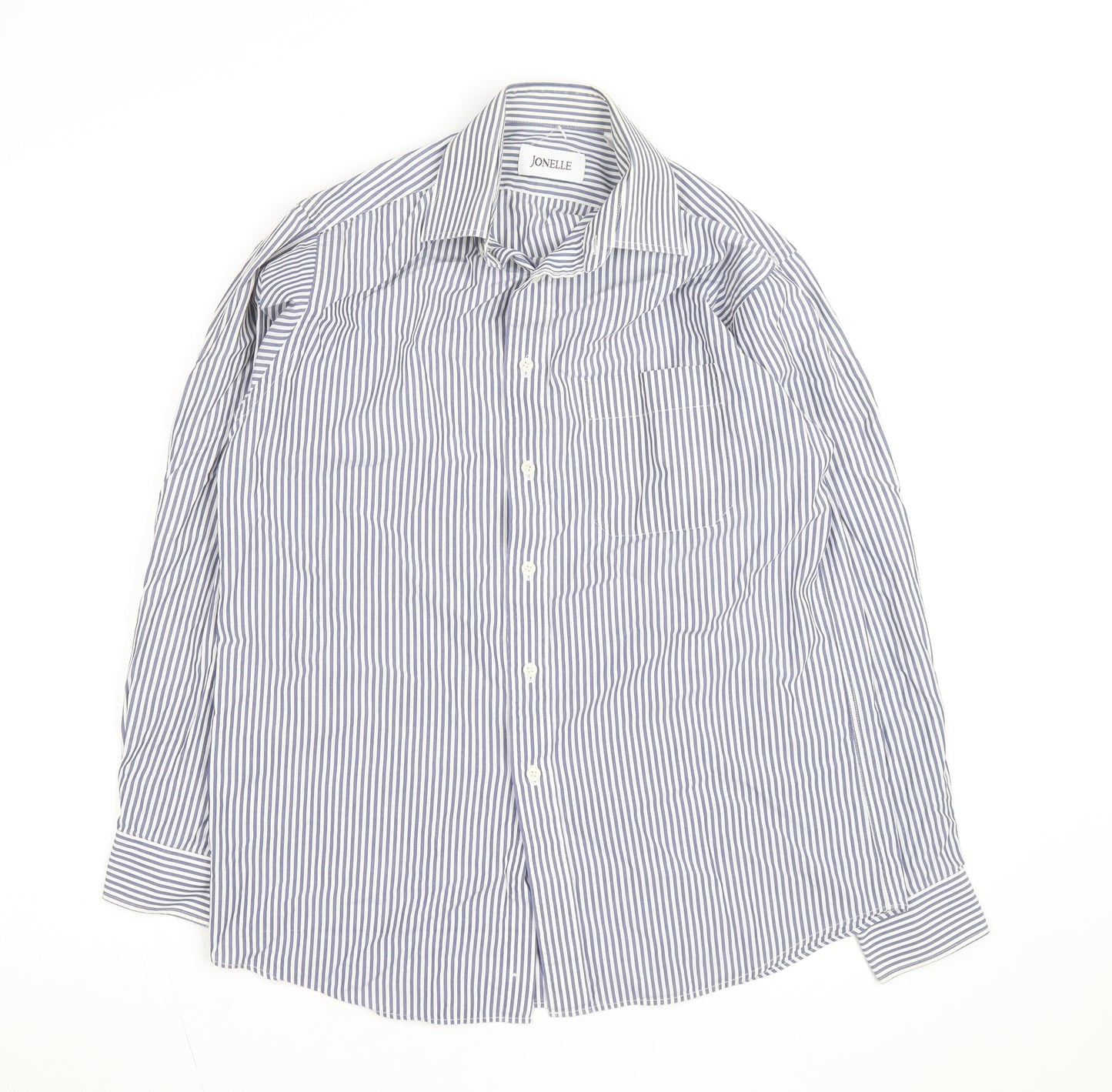 Jonelle Men's Blue Striped Cotton Long Sleeve Button-Up Shirt 15/38 Regular