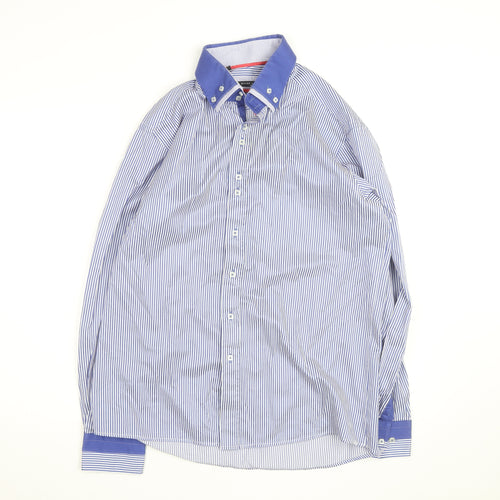 Guide London Men's Blue Striped Button-Down Cotton Blend Shirt XL