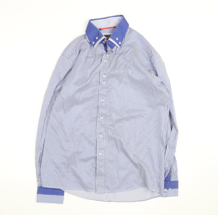 Guide London Men's Blue Striped Button-Down Cotton Blend Shirt XL