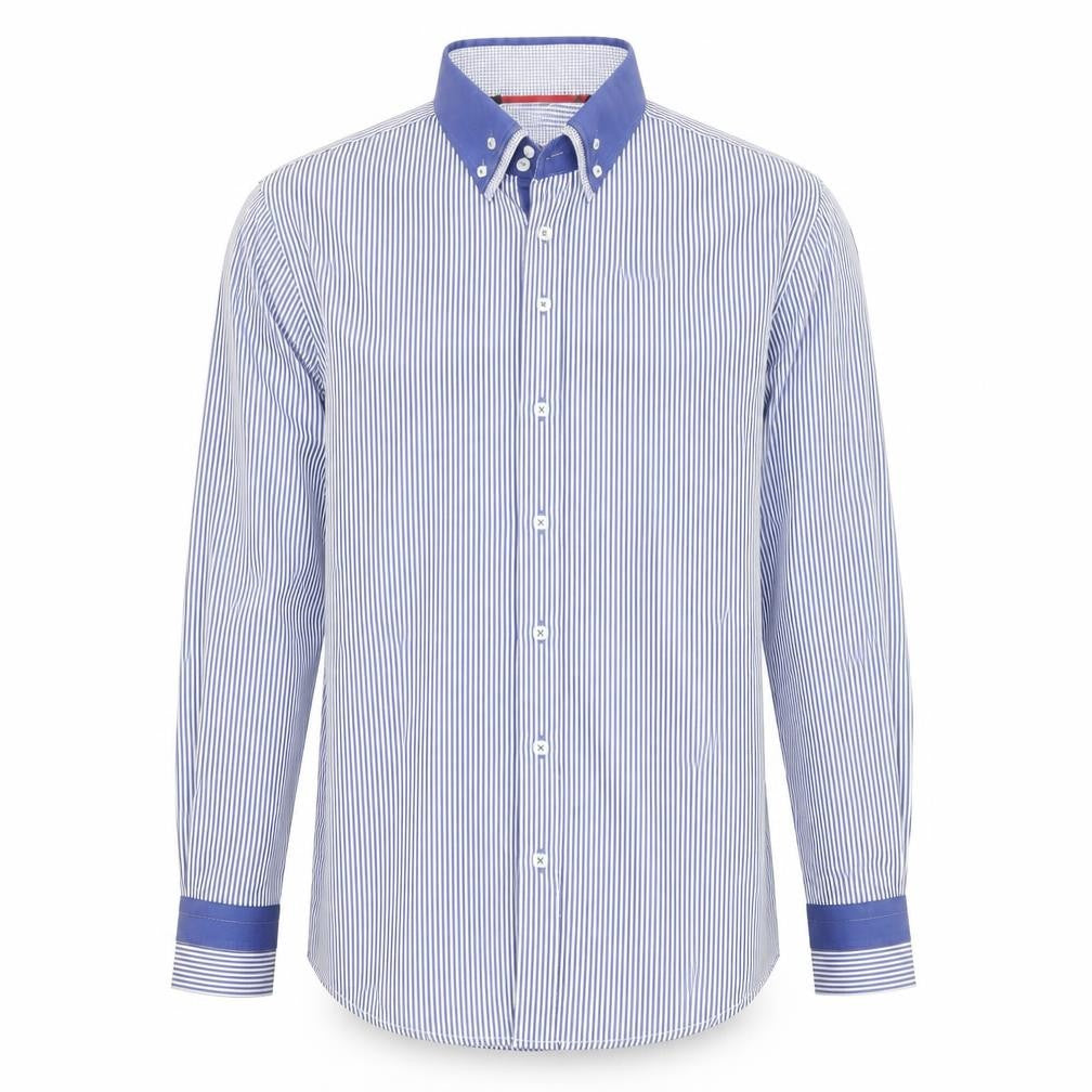 Front view of Guide London Men's Blue Striped Button-Down Cotton Blend Shirt XL