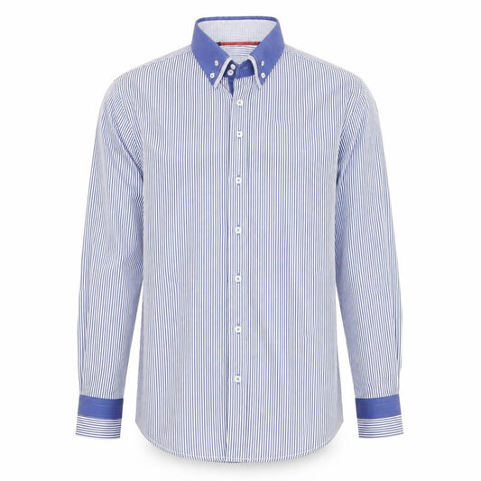 Front view of Guide London Men's Blue Striped Button-Down Cotton Blend Shirt XL