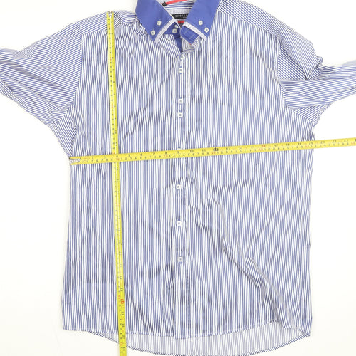 Guide London Men's Blue Striped Button-Down Cotton Blend Shirt XL