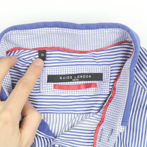 Guide London Men's Blue Striped Button-Down Cotton Blend Shirt XL