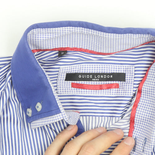 Guide London Men's Blue Striped Button-Down Cotton Blend Shirt XL