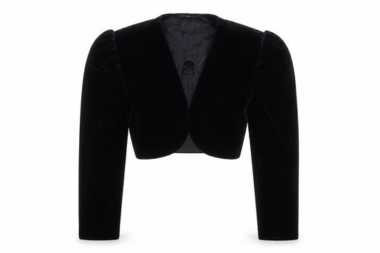 Front view of Scarlett Nite Women's Black Velvet Cropped Bow Long Sleeve Blouse, size S