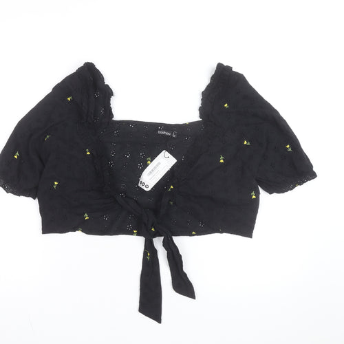 Boohoo Women's Black Floral Embroidered Cropped Blouse Size 16