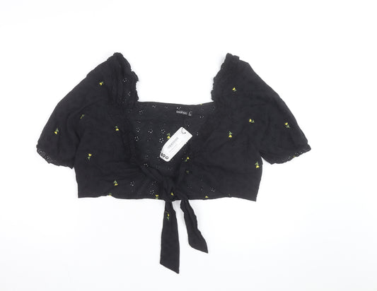 Boohoo Women's Black Floral Embroidered Cropped Blouse Size 16