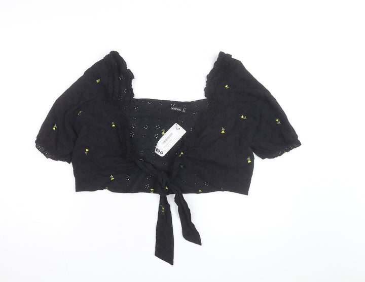 Boohoo Women's Black Floral Embroidered Cropped Blouse Size 16
