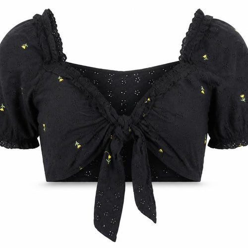 Boohoo Women's Black Floral Embroidered Cropped Blouse Size 16
