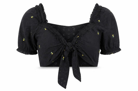Front view of Boohoo Women's Black Floral Embroidered Cropped Blouse, size 16