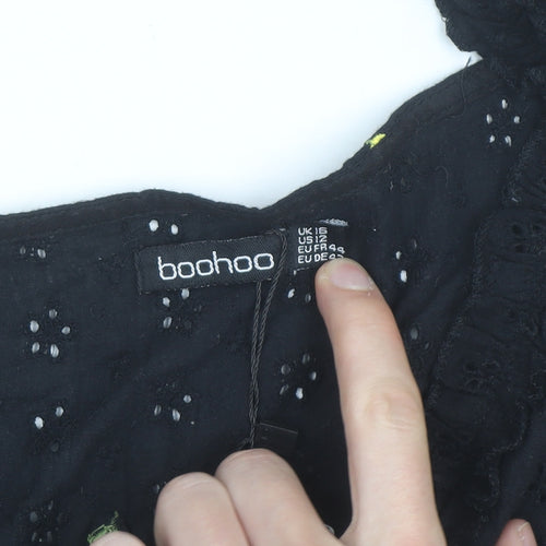 Boohoo Women's Black Floral Embroidered Cropped Blouse Size 16
