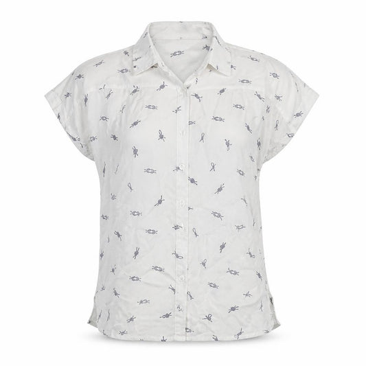 Front view of Dubarry Women’s White Collared Button-Up Shirt UK 12 Viscose Nautical Print