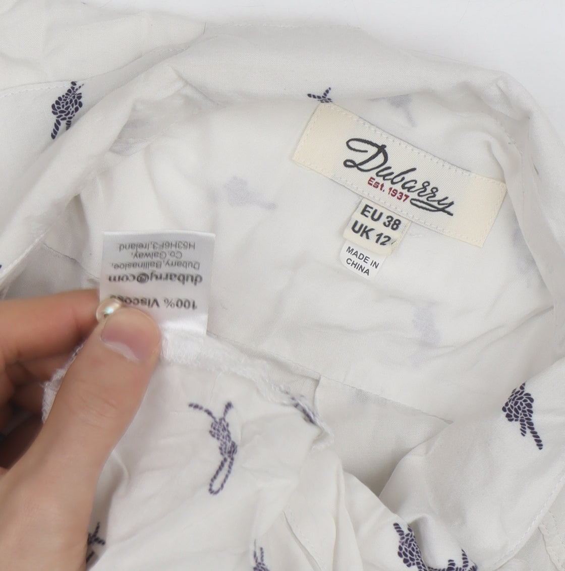 Dubarry Women’s White Collared Button-Up Shirt UK 12 Viscose Nautical Print