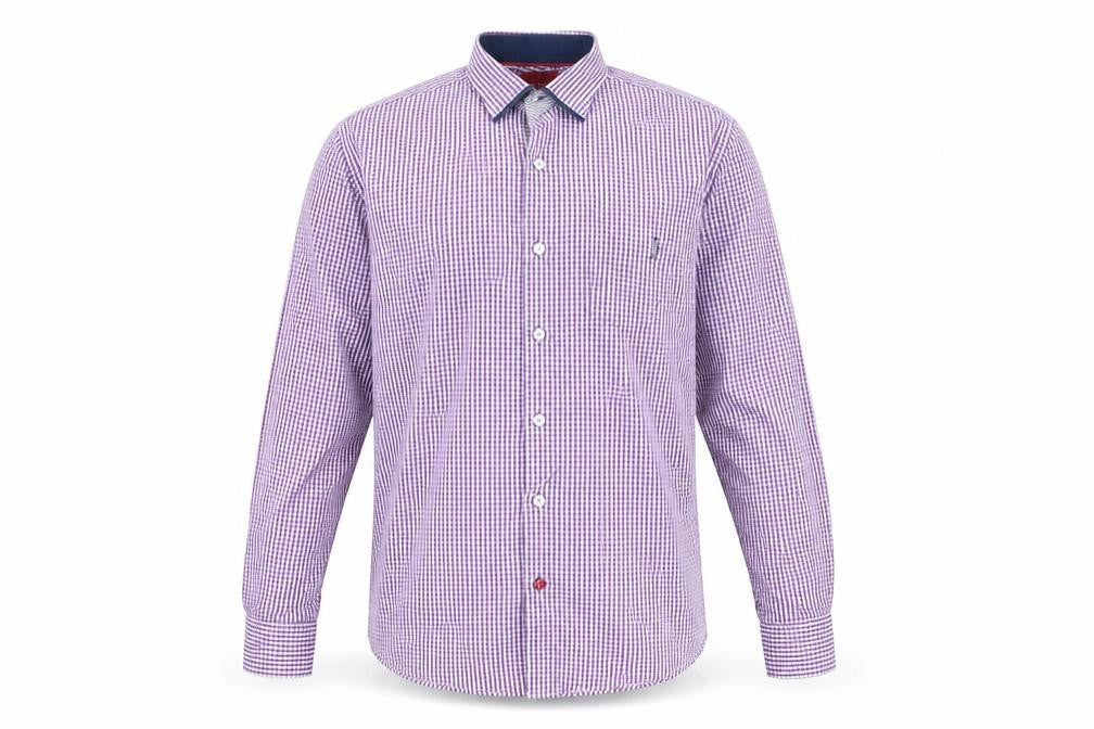 Front view of 6th Sense Men's Purple Check Long Sleeve Button-Up Shirt, size L