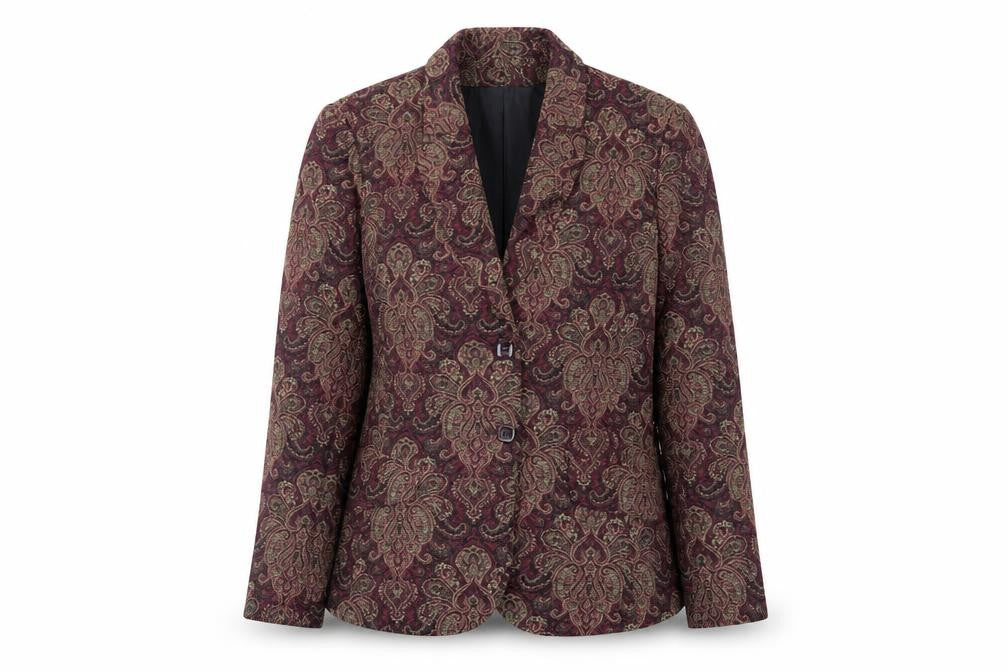 Front view of Jessica women’s multicoloured paisley blazer, size UK 8, classic lined jacket