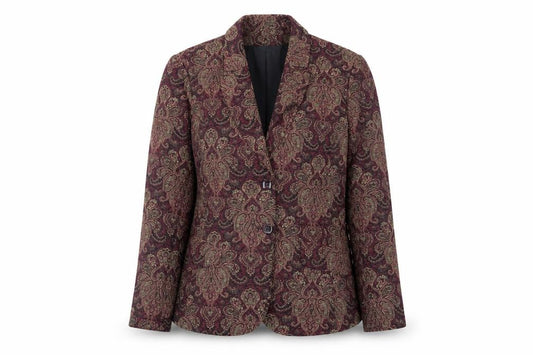 Front view of Jessica women’s multicoloured paisley blazer, size UK 8, classic lined jacket