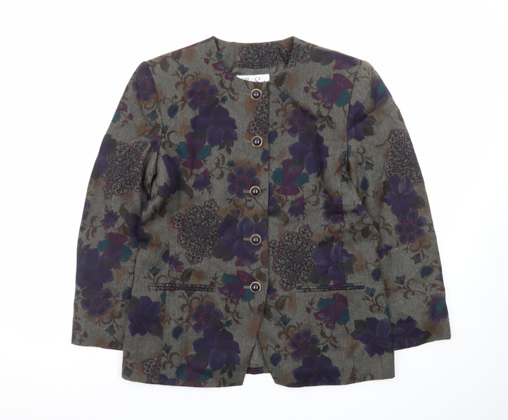 Le Suit Women's Grey Floral Blazer Size 12 Classic Buttoned Jacket