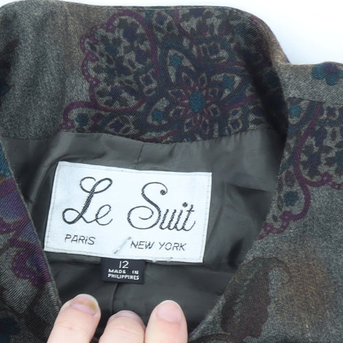 Le Suit Women's Grey Floral Blazer Size 12 Classic Buttoned Jacket