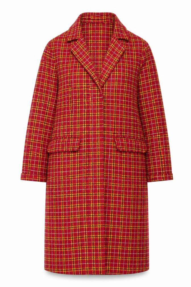 Front view of H&M Divided Women's Red Plaid Cotton Coat, size 8, Long Sleeve