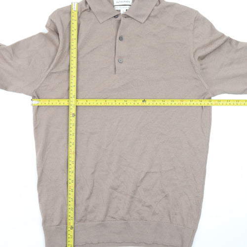 Marks and Spencer Mens Beige Merino Wool Collared Henley Jumper M