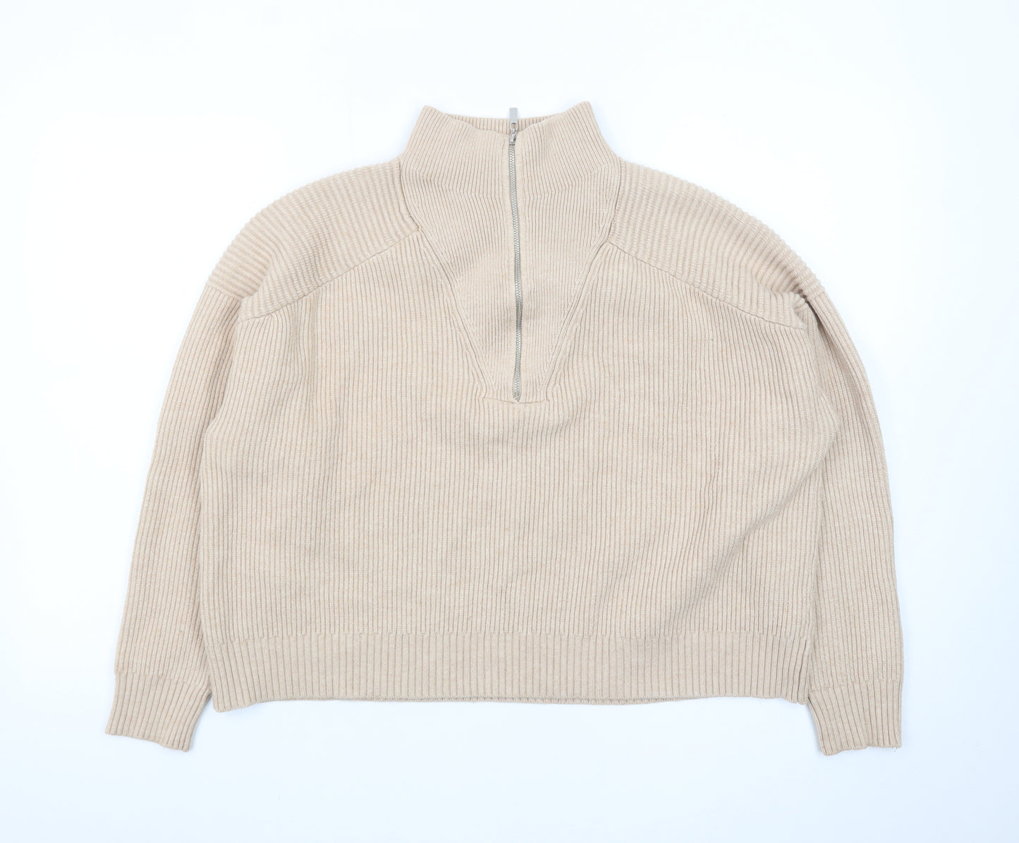Mango Women’s Beige Wool Blend Half Zip Mock Neck Jumper Size S