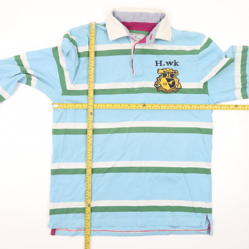 Howick Men's Blue Striped Long Sleeve Rugby Polo Shirt Size L 100% Cotton