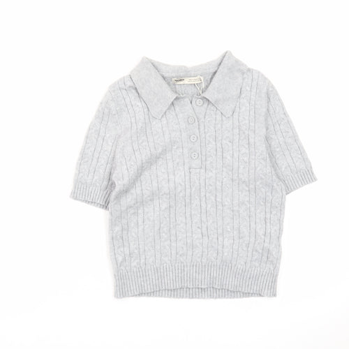 Pull & Bear Women's Grey Collared Cable Knit Short Sleeve Jumper S