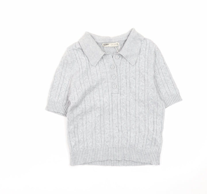Pull & Bear Women's Grey Collared Cable Knit Short Sleeve Jumper S