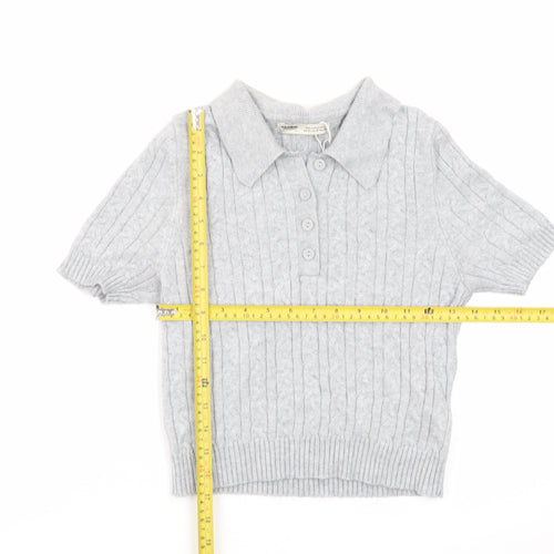 Pull & Bear Women's Grey Collared Cable Knit Short Sleeve Jumper S