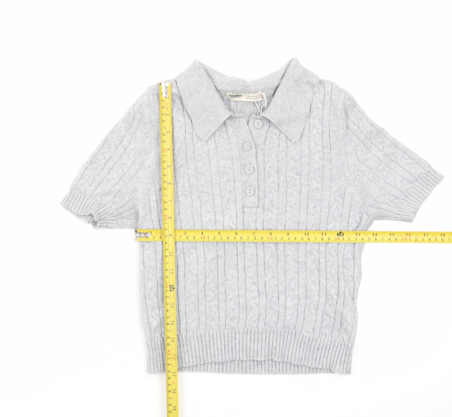 Pull & Bear Women's Grey Collared Cable Knit Short Sleeve Jumper S