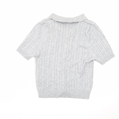 Pull & Bear Women's Grey Collared Cable Knit Short Sleeve Jumper S