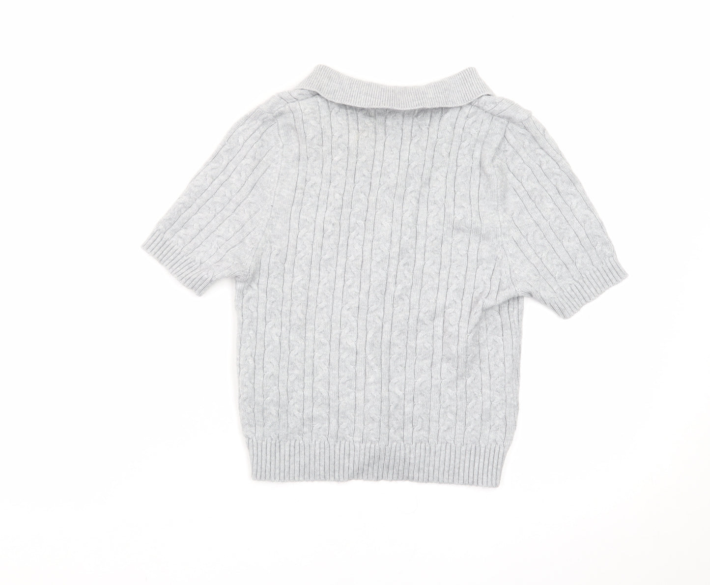 Pull & Bear Women's Grey Collared Cable Knit Short Sleeve Jumper S