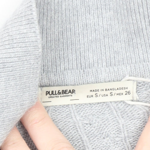Pull & Bear Women's Grey Collared Cable Knit Short Sleeve Jumper S
