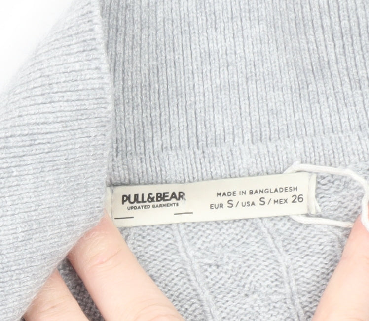 Pull & Bear Women's Grey Collared Cable Knit Short Sleeve Jumper S