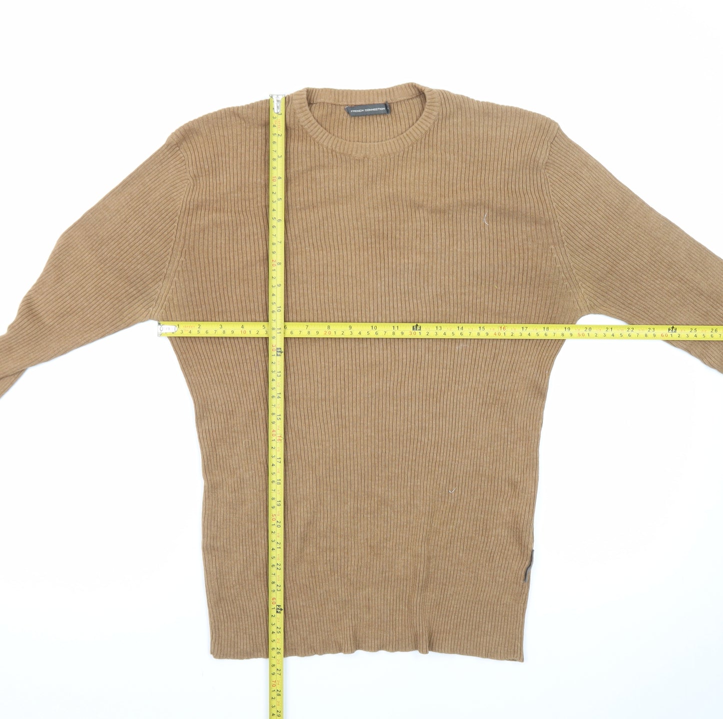 French Connection Women's Beige Wool Blend Ribbed Jumper L